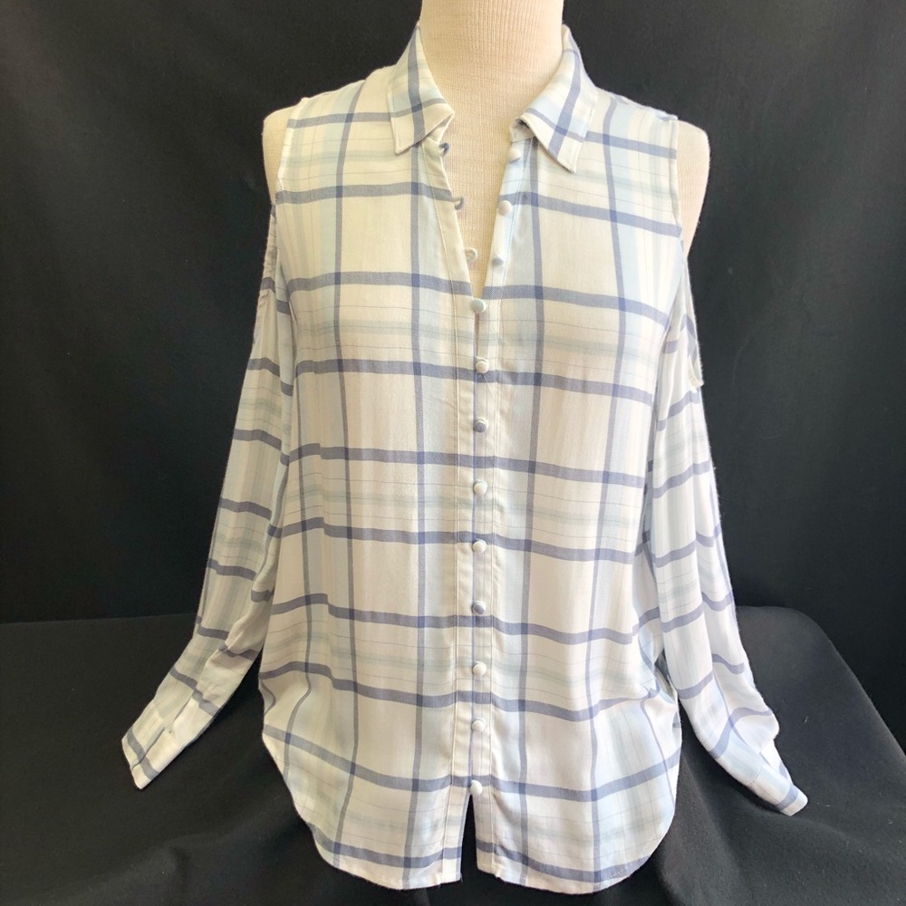 Cold Shoulder Paige Blue and White Plaid Button Up Long Sleeve Shirt size medium